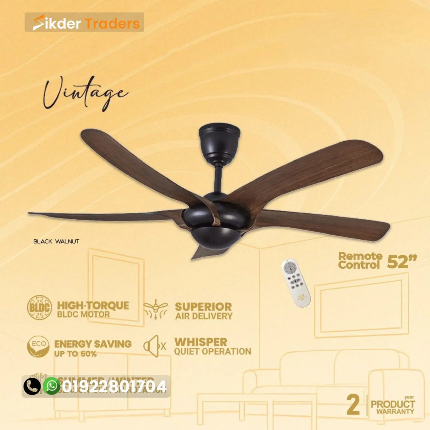 5 Blades Dark Wood Bldc 52" inch Ceiling Fan